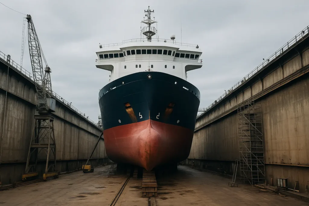 Marine vessel in dry dock for repair, overhaul, and hull inspection.