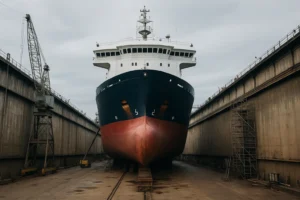 Marine vessel in dry dock for repair, overhaul, and hull inspection.