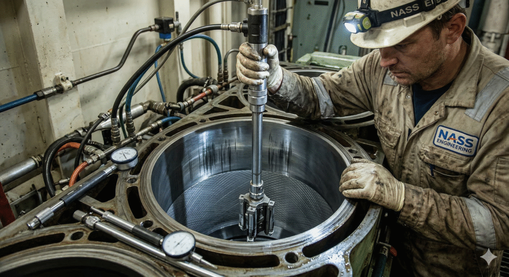NASS Engineering technician in a ship's engine room performing in-situ cylinder liner honing to restore the crosshatch pattern on a marine diesel engine block.