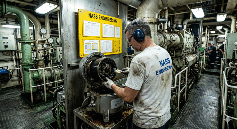 NASS Engineering marine technician inspecting thick carbon sludge inside a centrifugal filter during marine lube oil purification on a commercial vessel.