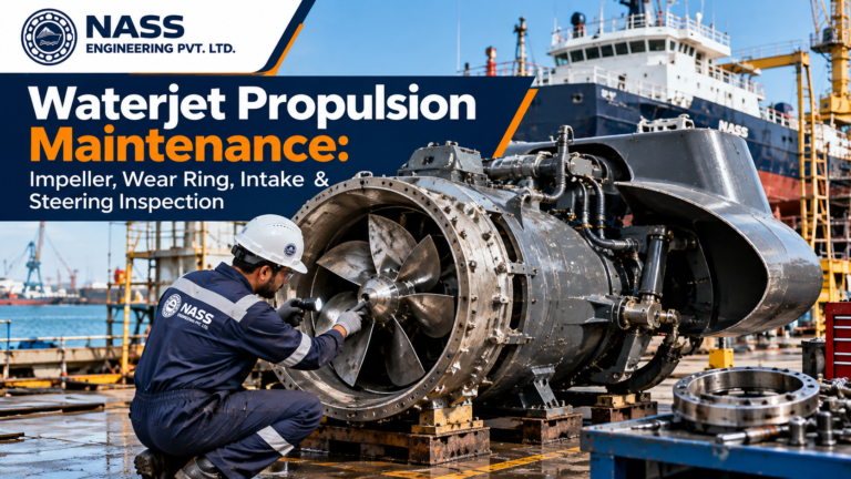 Waterjet propulsion maintenance with an exposed marine waterjet unit undergoing shipyard inspection