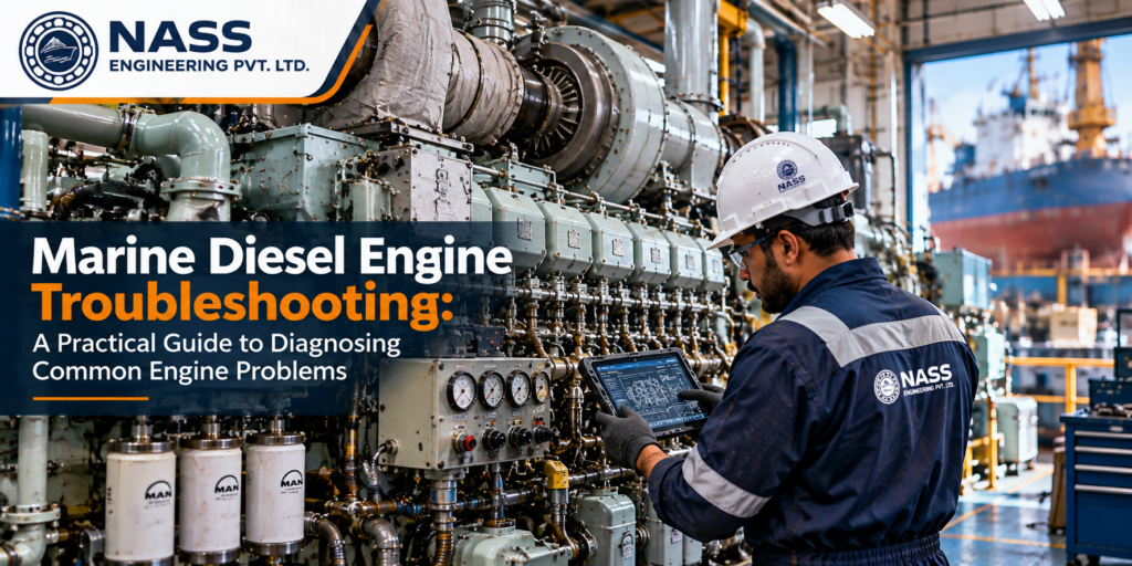 Marine diesel engine troubleshooting with engineers inspecting a large diesel engine in a shipyard