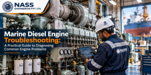 Marine diesel engine troubleshooting with engineers inspecting a large diesel engine in a shipyard