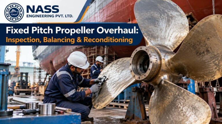 Fixed pitch propeller overhaul with a marine propeller prepared for inspection and reconditioning