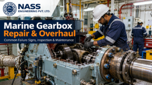 Marine gearbox repair and overhaul with engineers inspecting an open marine transmission in a shipyard workshop