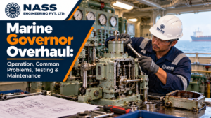 Marine governor overhaul with a disassembled governor assembly prepared for inspection and testing