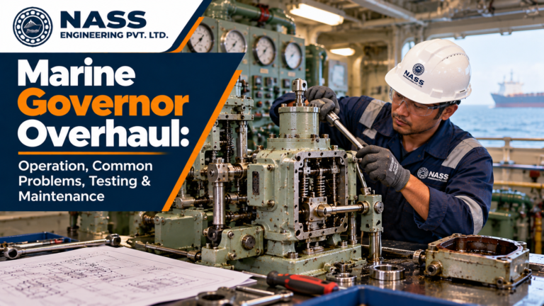 Marine governor overhaul with a disassembled governor assembly prepared for inspection and testing