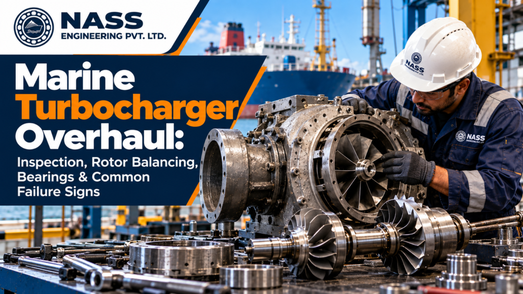 Marine turbocharger overhaul with rotor, bearings and turbocharger components under inspection