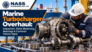 Marine turbocharger overhaul with rotor, bearings and turbocharger components under inspection